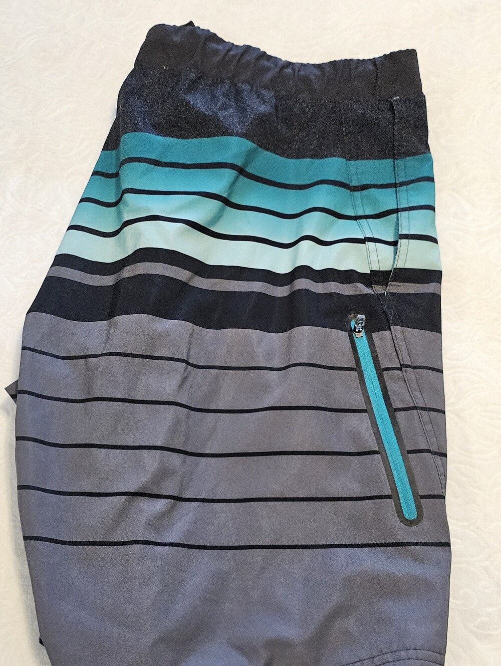 ZeroXposur Mens Swim Trunks Large Grey Teal Stripe Board Shorts Zipper Pocket L